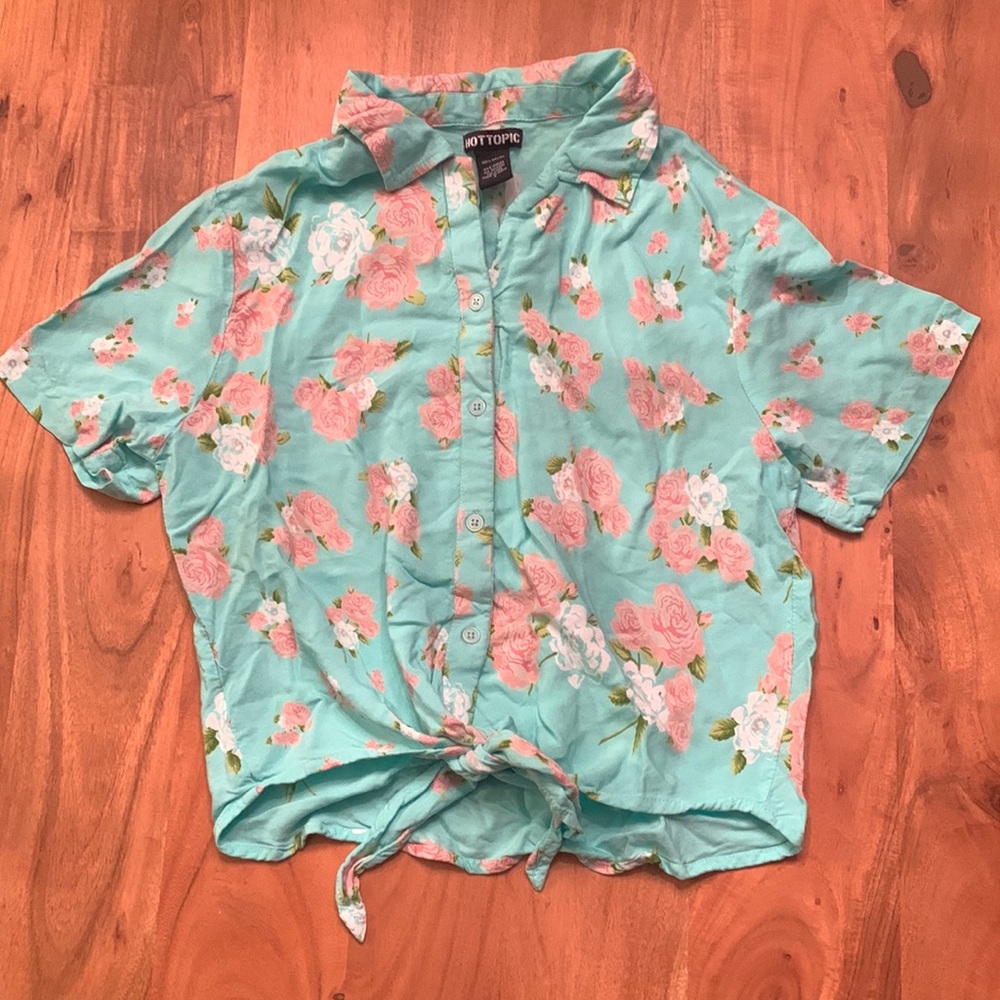 Hot Topic Button Down Shirt - Aqua Blue Floral